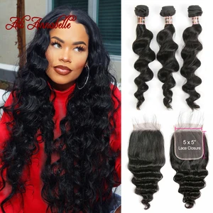 3 пучка перуанские свободные волнистые пучки с закрытием 5*5 кружевное закрытие 4 шт.лот натуральные кудрявые пучки волос с закрытием