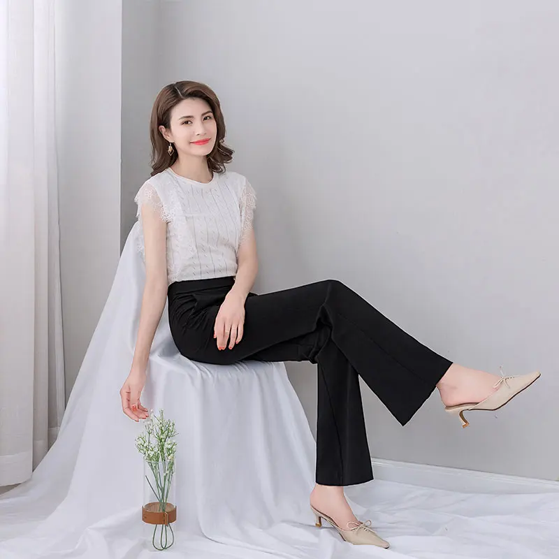 Женские черные расклешенные брюки Летние Формальные высокая талия тонкие