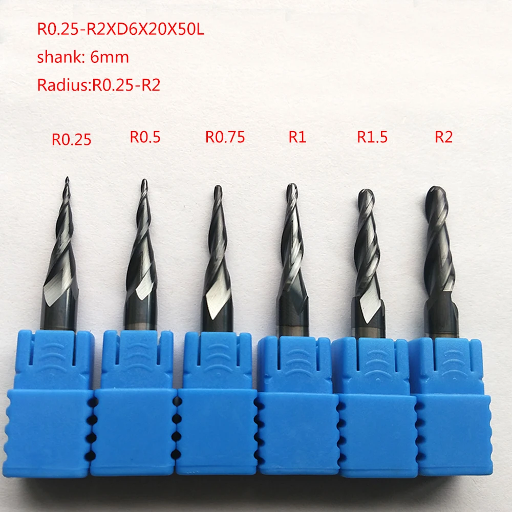 2 шт./лот R0.25/R0.5/R0.75/R1/R1.5/R2x20xD6x50 6 мм твердосплавные конические Фрезы с ЧПУ