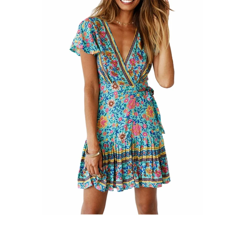 Boho/женское летнее мини платье с коротким рукавом и поясом повседневное кружевное