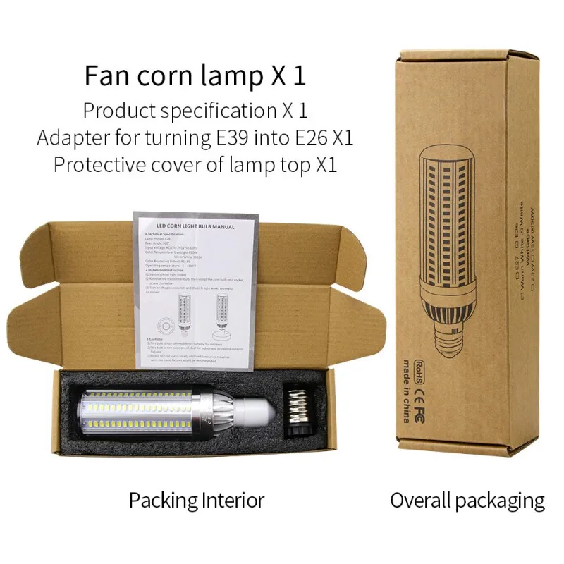 CHCLITS High Power Street Light Led Bulb Fan Corn Smart Home Indoor Lighting E26 White 54w With Adapter | Лампы и освещение