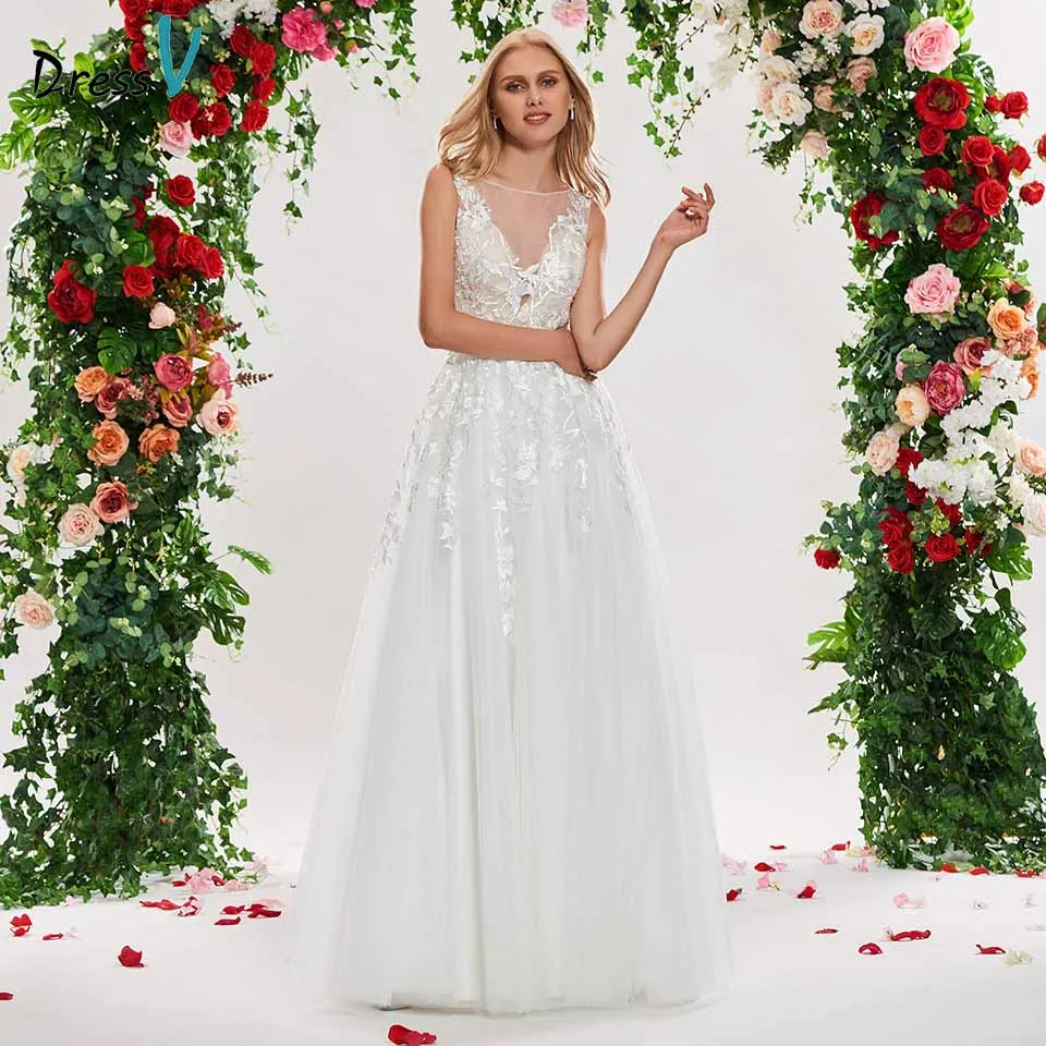 Dressv ivory a line wedding dress scoop neck sleeveless button appliques floor length bridal outdoor&ampampchurch dresses | Свадьбы и