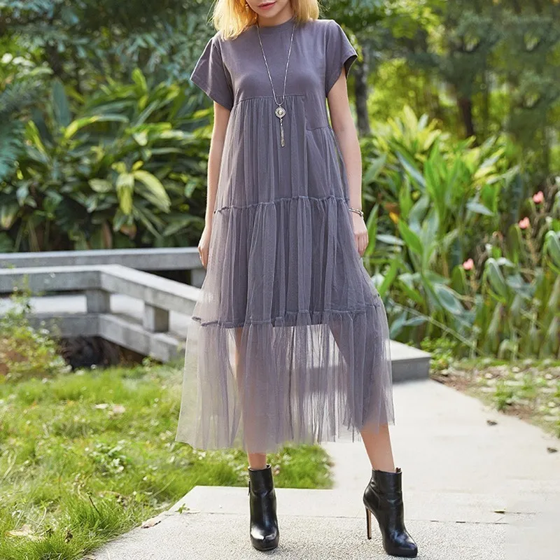 gray dress TWOTWINSTYLE черные летние платья для женщин свободные короткий рукав высокая талия лоскутное Сетчатое платье женская повседневная одежда Корейский - Цвет: gray dress