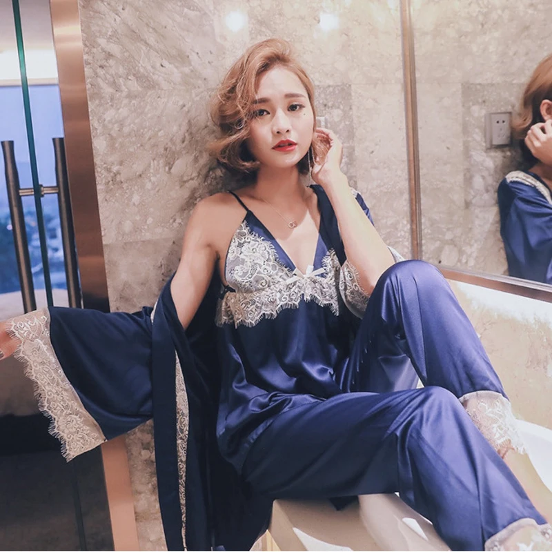 

Herislim Spring Summer Silk Pajamas Sets Women Sexy Lace Robe+Cami+Trousers 3Pcs Lingerie Set Luxury Pijamas Sleepwear Nighty