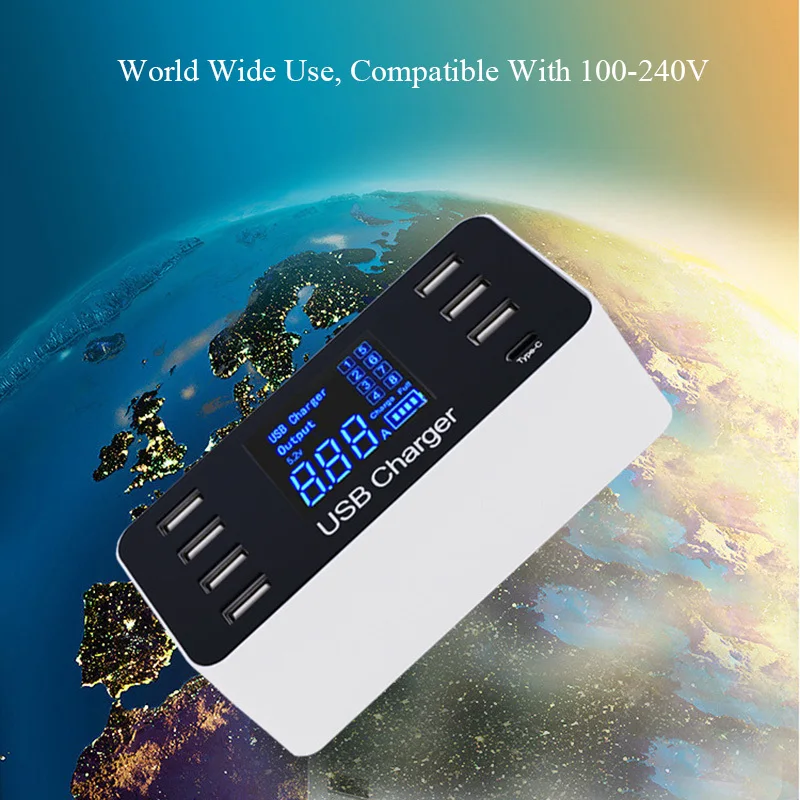 7 портов usb type C 5 В/8A розетка зарядное устройство с напряжением тока ЖК-дисплей для смартфонов планшетных ПК AU/EU/US/UK Разъем