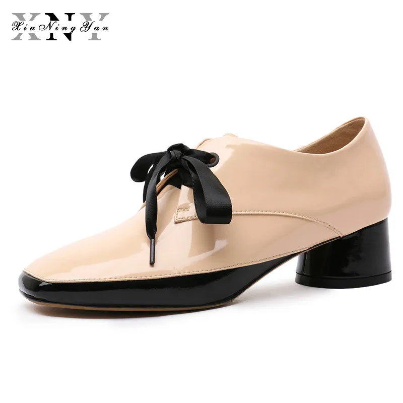 

New Arrival Women Pumps Patent Leather Lace Up Solid Med Heel Party Preppy Style Genuine Leather Office Lady Spring Shoes Woman