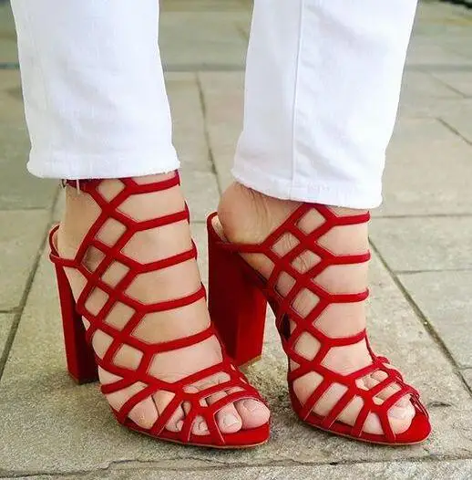 

Moraima Snc Fashion Red Suede Straps Peep Toe High Heel Sandals Sexy Thick Heels Slingback Cutouts Gladiator Shoes Woman Heels