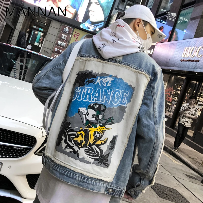 MANNAN Hi Street Мужская джинсовая куртка Готическая вышивка рваная зауженная мужское
