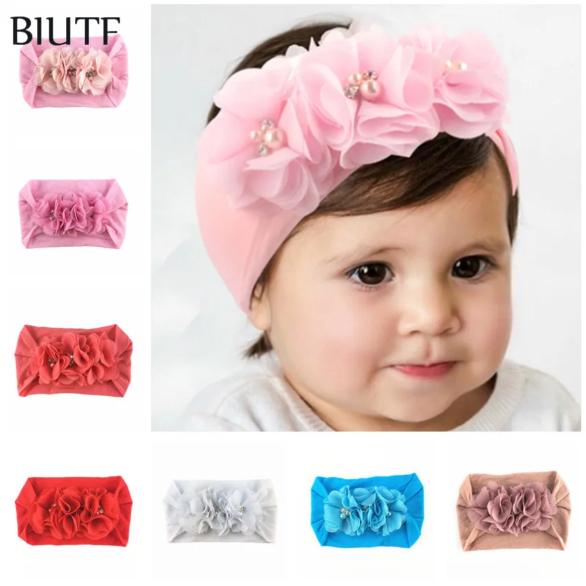 1 шт./лот тройной цветок из шифона с жемчугом и стразами широкой нейлоновой