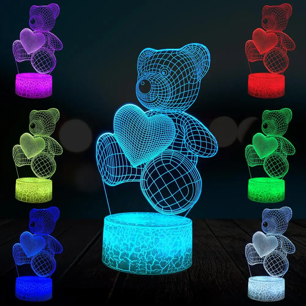 

Teddy Heart Bear 3D Lamp Lighting LED USB Mood Table Love Night Light Action Toy Figures Luminaria Child Kid Toy Novelty Gift