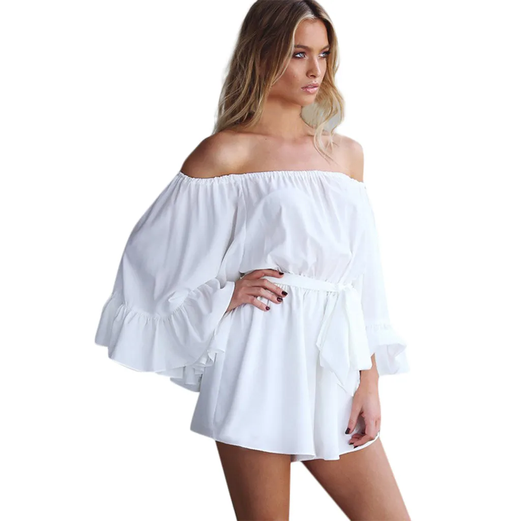 Синий белый женский летний модный сексуальный комбинезон с оборками на плечах