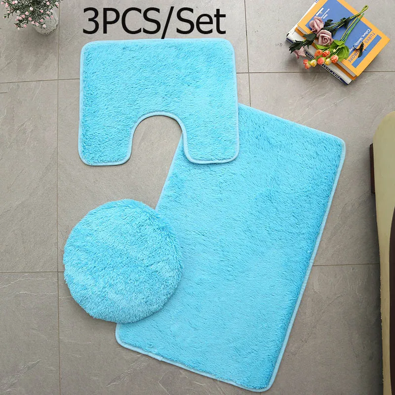 3pcs Blue Лохматый Противоскользящий туалетный набор ковриков для ванной коралловый флис абсорбирующий коврик для ванной комнаты стойка для тряпок крышка для унитаза tapis salle de bain - Цвет: 3pcs Blue