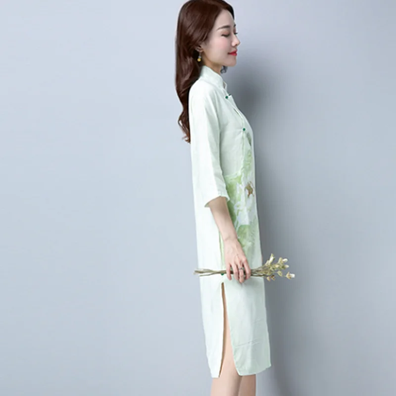 KYMAKUTU Three Quarter Sleeve Autumn Vestidos Stand Collar Chinese Style Button Dresses Split Elegant Print Cotton Linen Dress | Женская