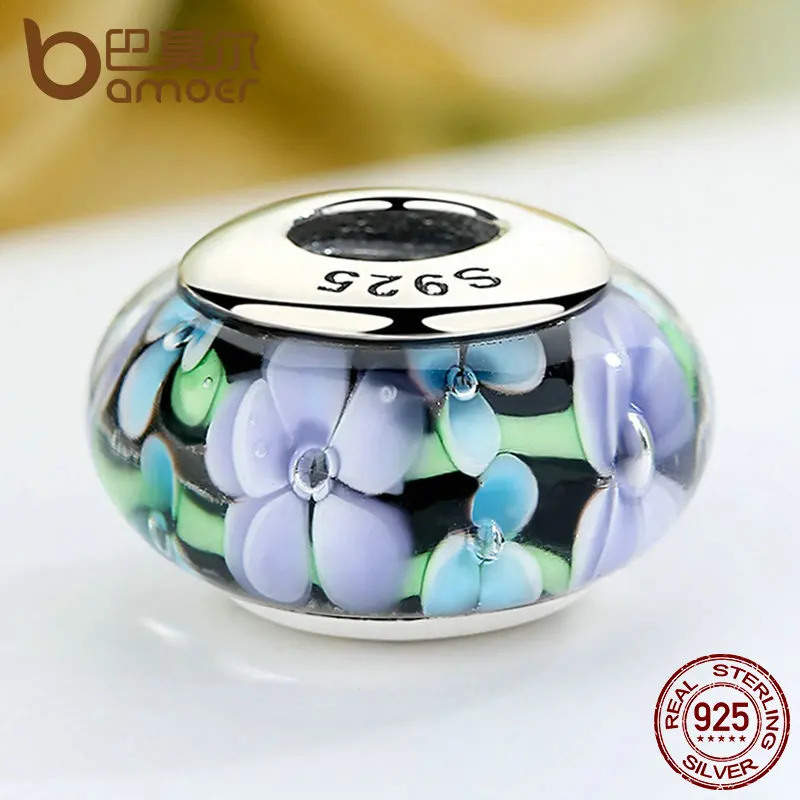 BAMOER 925 пробы Серебряные Красочные цветочные узоры европейские стеклянные бусы, амулеты для женщин DIY Браслеты и ожерелья SCZ009