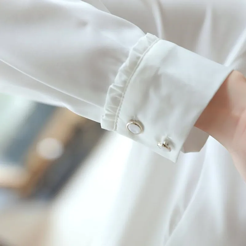 Женская белая блузка с длинным рукавом воротником стойкой и бантом|white shirt women|blouse