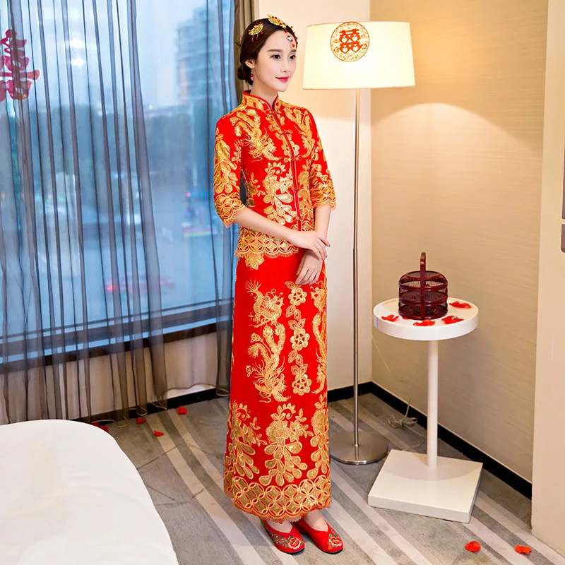 

Red embroidery Chinese Traditional Cheongsam Sexy Qipao Dresses Long Wedding Dress Oriental Wedding Gowns Bride Traditions