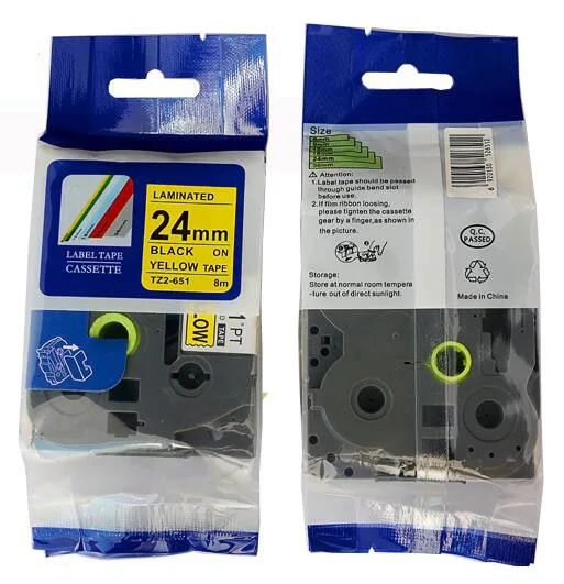 

Free shipping 2PK tze tz tape tz651 tze-651 tze651 tze 651 24mm*8m black on yellow P-touch label printer tape laminated tape