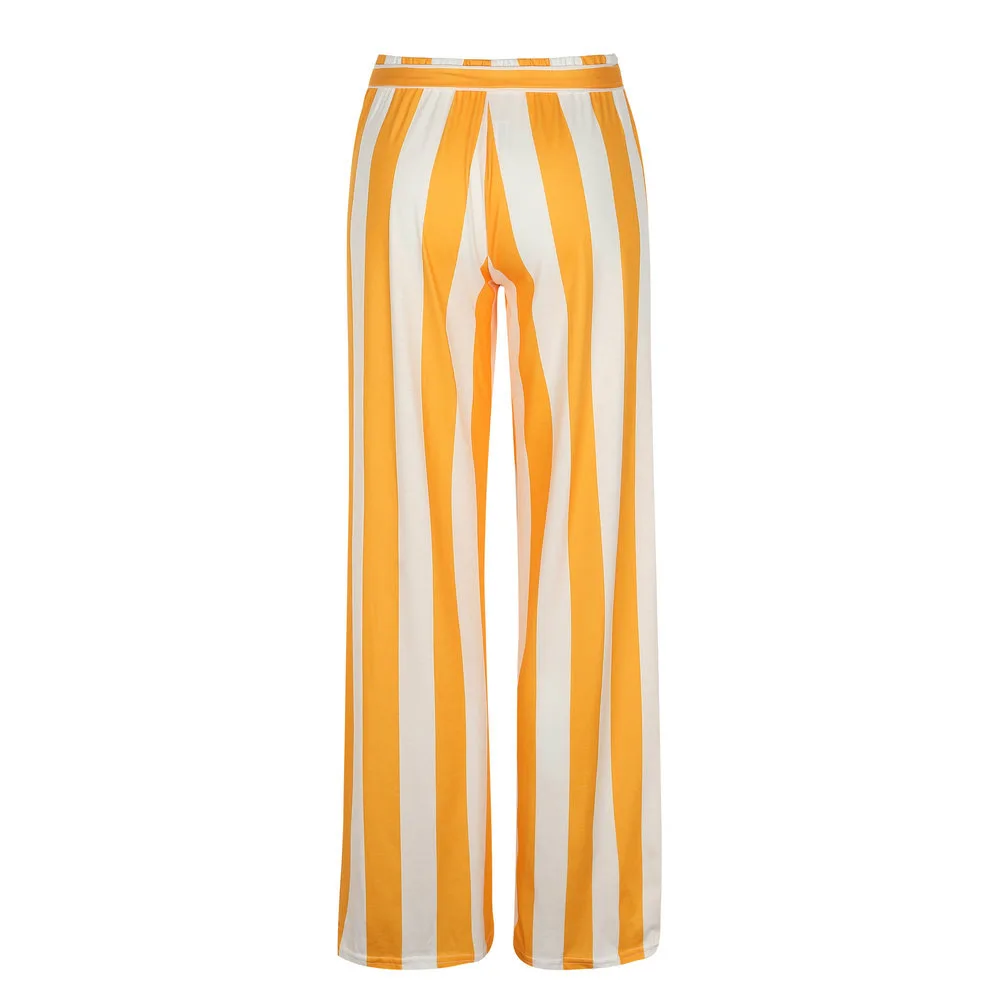 Летние женские широкие брюки в полоску повседневные палаццо с высокой талией