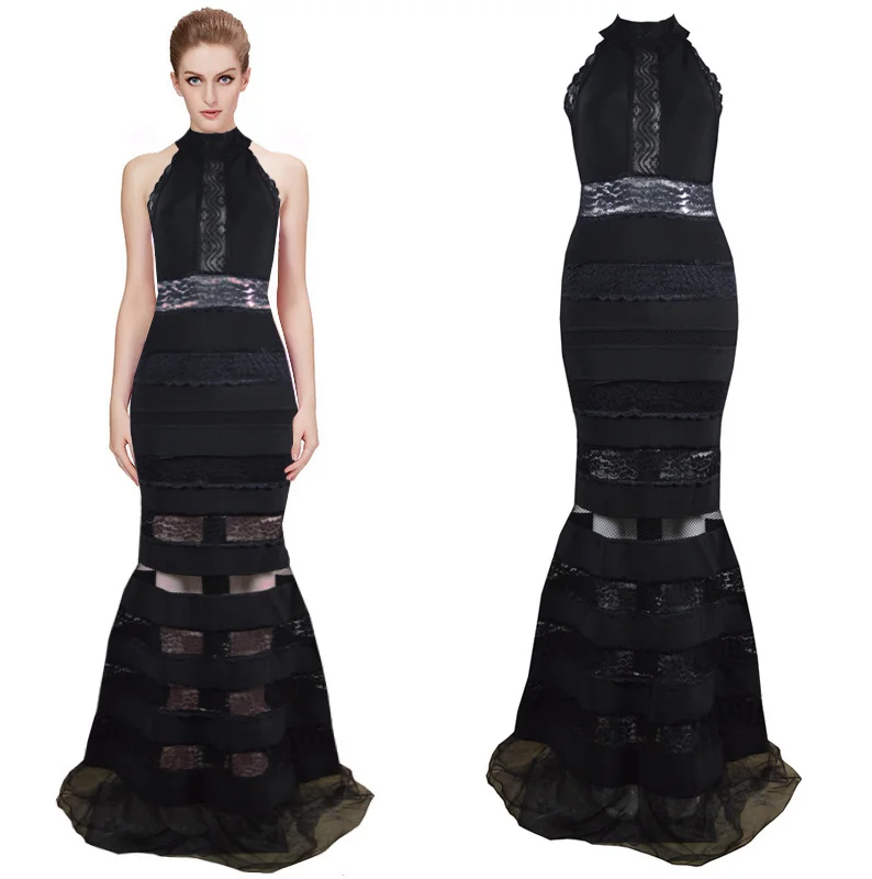 

Top Quality HL Hollow Out Black Off The Shoulder Long Bandage Dress Celebrity Bodycon Trumpet Dress