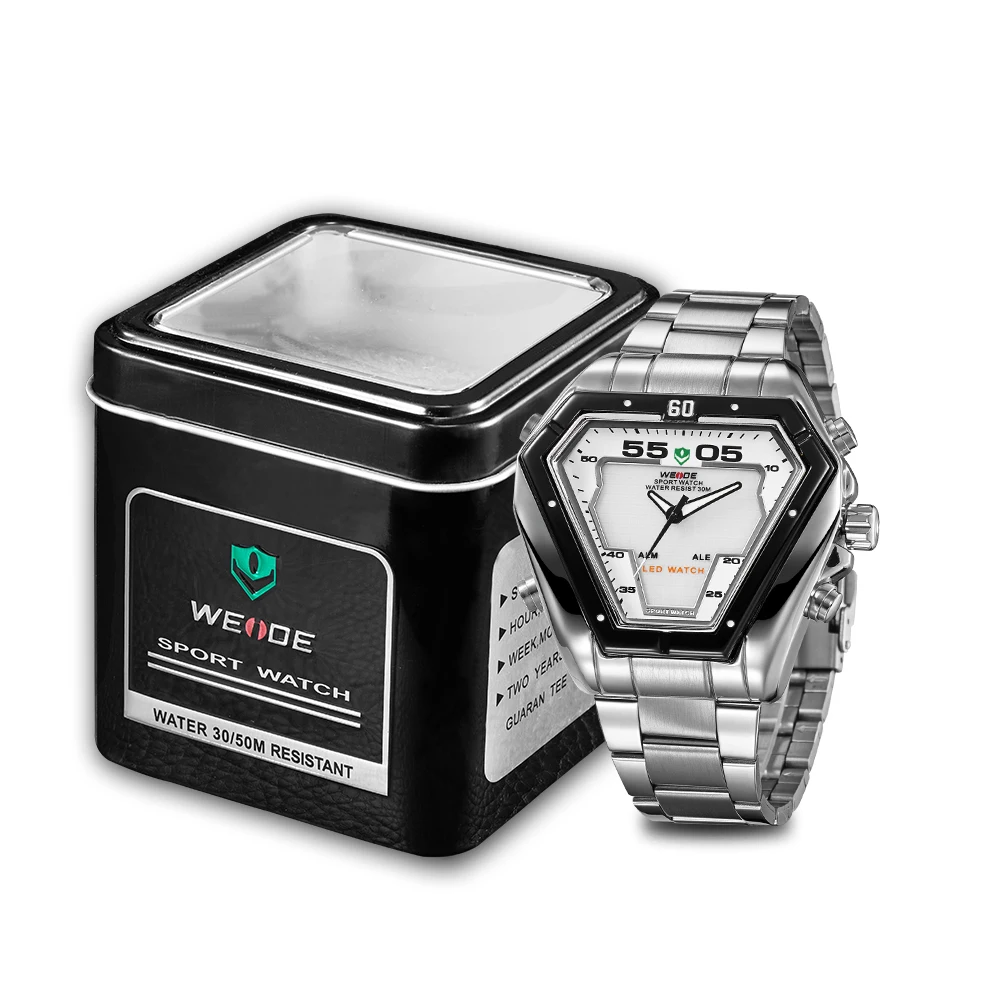Бренд класса люкс WEIDE спортивная модель серебряный ремешок из нержавеющей стали