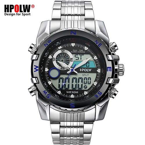 Silver-Blue Люксовый бренд HPOLW мужские спортивные часы кварцевые цифровые светодиодные армейские часы мужские Chronos повседневные электронные наручные часы Relojes - Цвет: Silver-Blue