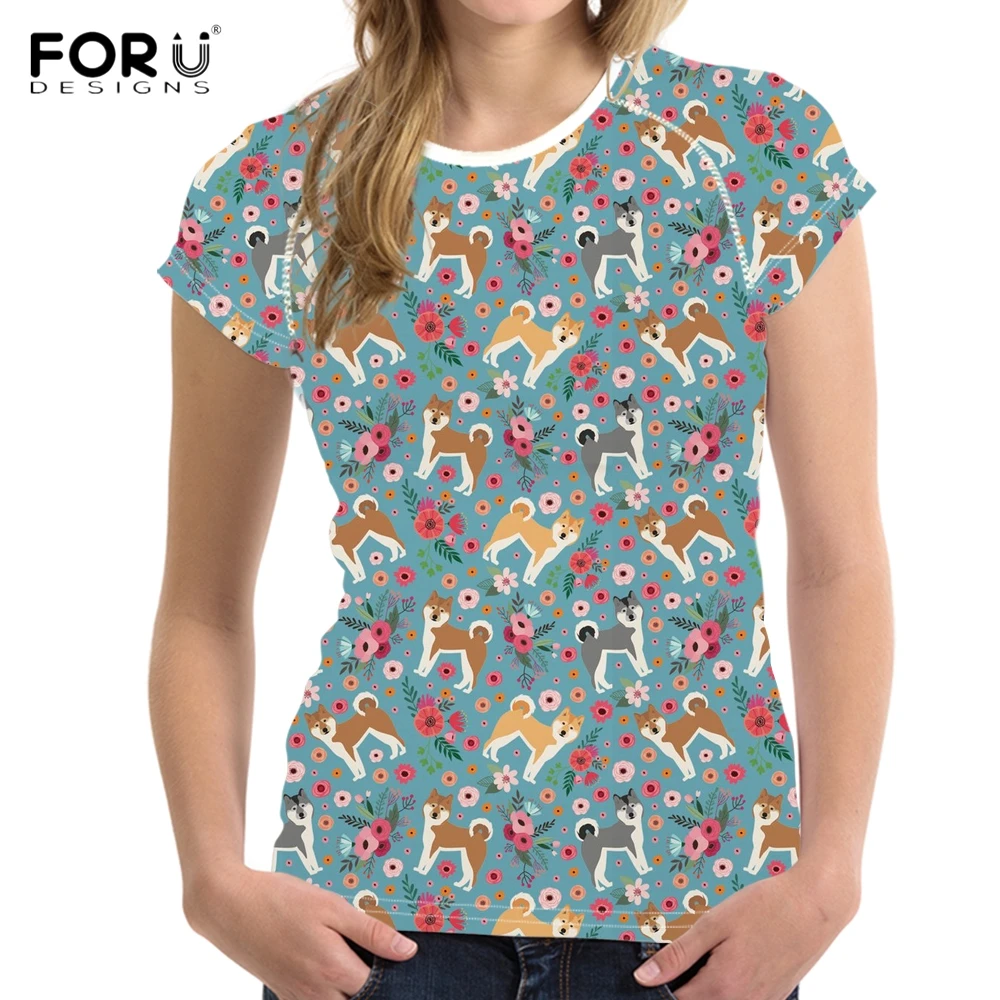 FORUDESIGNS/Kawaii Puppy Japanese Akita женская летняя футболка с цветочным принтом модные