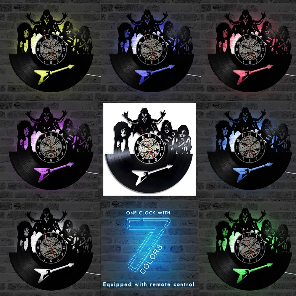 1-7 color LED Change Винтажные настенные часы с виниловой пластинкой, семь разных цветов, сменная музыкальная тема KISS Rock Band, светодиодный настенные часы, 12 дюймов - Цвет: 1-7 color LED Change