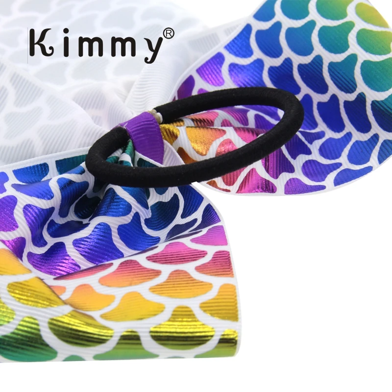2pcs free shipping 7'' Large Mermaid Ribbon Cheerleading Hair Bows Hologram Printed Elastic Band Bow Children | Детская одежда