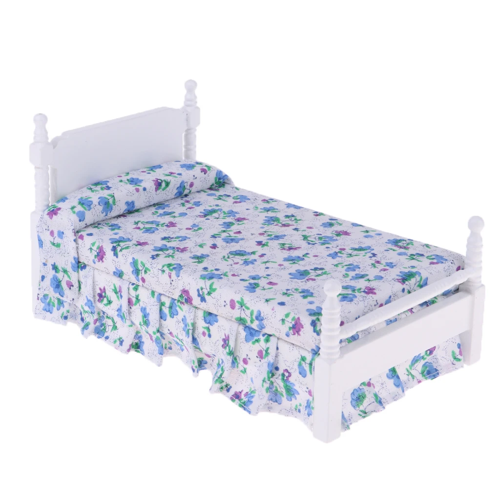 

1:12 Dollhouse Miniature Bedroom Furniture Wooden Blue Floral Single Bed Model White
