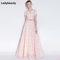 ladybeauty banquet elegant evening dress simple pink lace floor length formal dresses with belt custom party gown robe de soiree