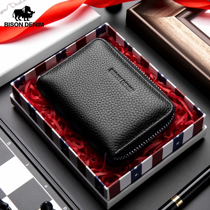 BISON DENIM натуральная кожа держатель для карт кошелек мужской Повседневный с