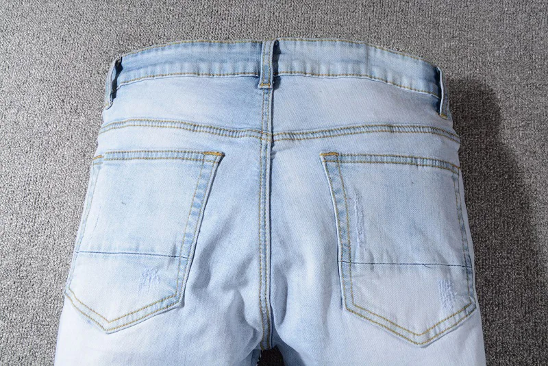 Модные уличные мужские джинсы светло-синего цвета Slim Fit Patch дизайнерские эластичные рваные джинсы мужские джинсовые брюки с принтом хип-хоп джинсы Homme