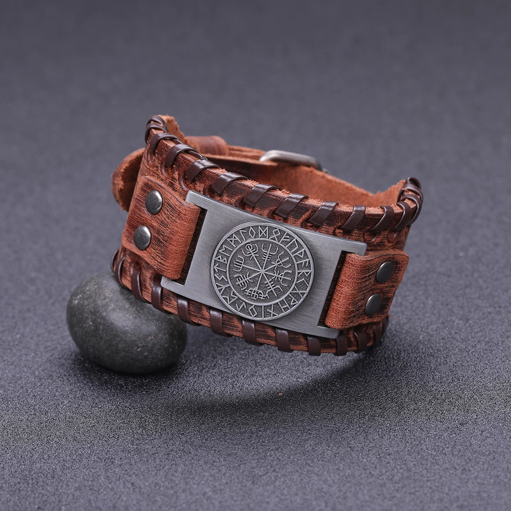 Teamer нордическая Руна Vegvisir подвеска Компас браслет Викинг браслеты из натуральной кожи мужские винтажные Античные Серебряные широкие плетеные браслеты