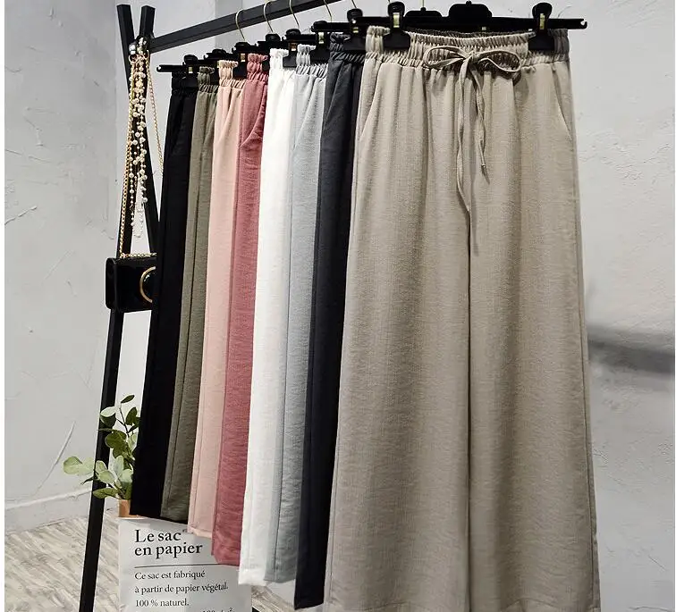 Women Cotton Linen Wide Leg Pants Elastic Waist Solid Color Soft Summer Lady Loose Pants Casual Soft Trousers