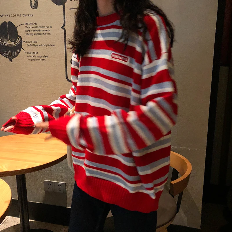 Women's Clothing Cute Kawaii Retro Lazy Ins Embroidery Letters Loose Striped Sweater Lady Harajuku Ulzzang Sweaters For Women | Женская