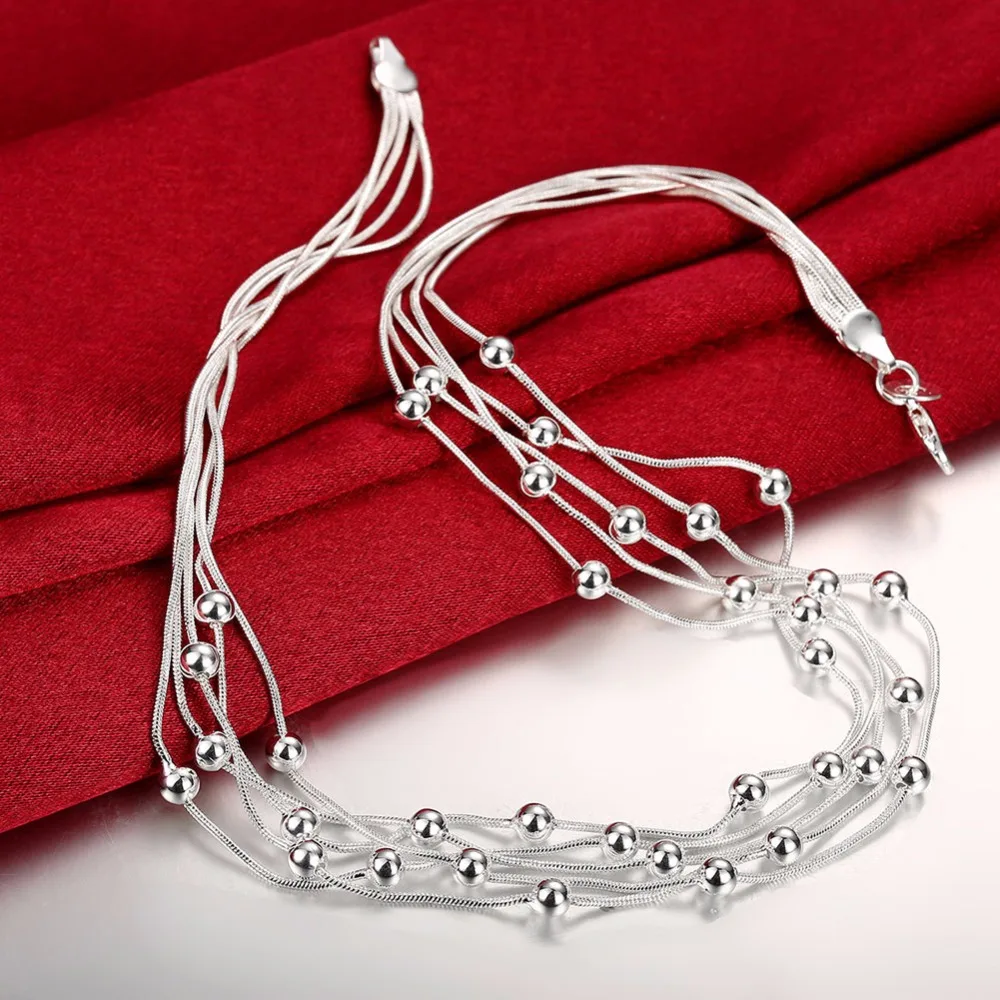 Temperament lady five line light bead silver necklace 18-inch contracted ball pendant fashionable snake chain | Украшения и