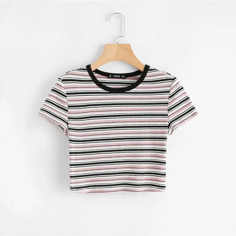 SHEIN контрастная лента полосатая ребристая Футболка женская повседневная с коротким рукавом эластичная летняя футболка с круглым вырезом приталенный кроп женский топ