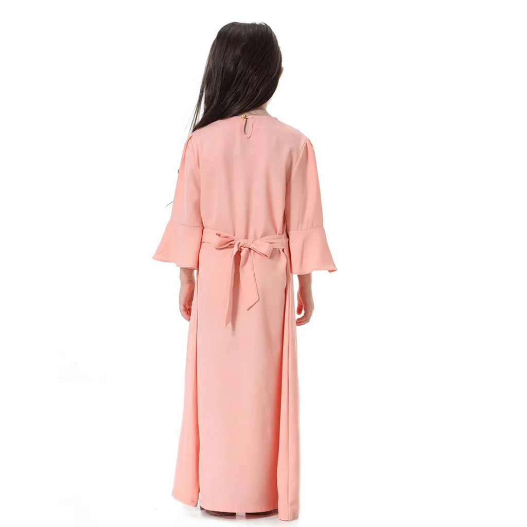 2019 Girls Dress Muslim Islamic Long Robe Burka Maxi Kaftan Princess Sleeve Solid Color Little Gir Dresses For Kids Clothes | Детская