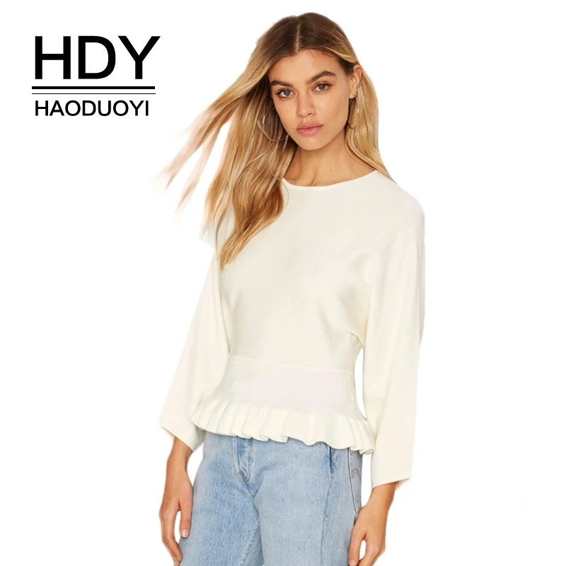 HDY Haoduoyi Solid White Women Sweaters Crew Neck Long Sleeve Ruffle Waist Brief Tops Streetwear Casual Sweet | Женская одежда