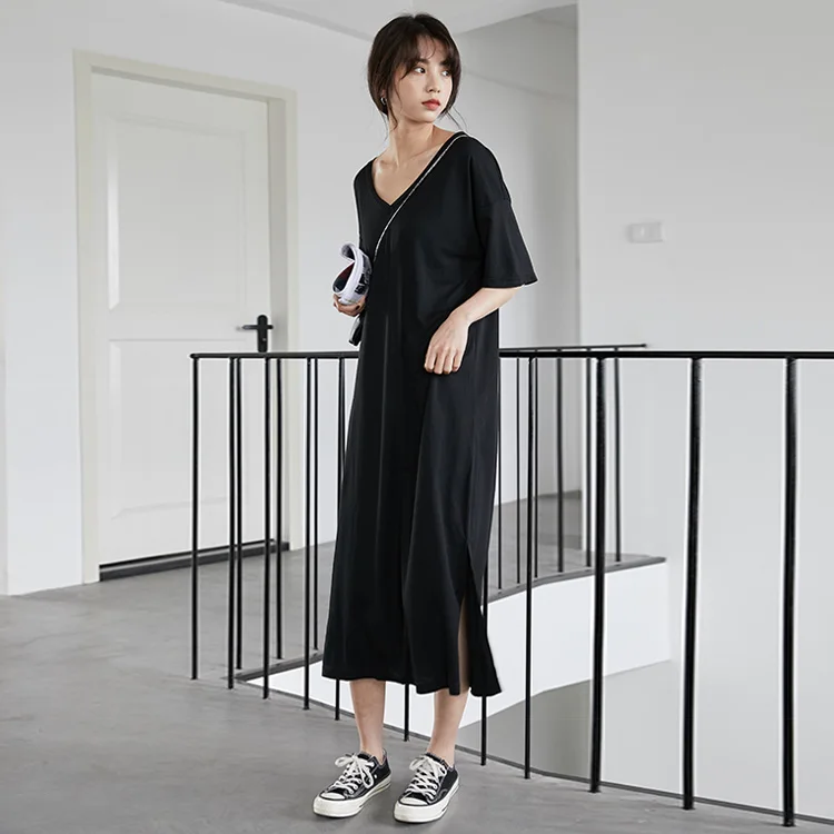 

New Summer Women's Loose Casual Solid Black Long Dress O-Neck Cotton Elegant Dress 2019 One Size Plus