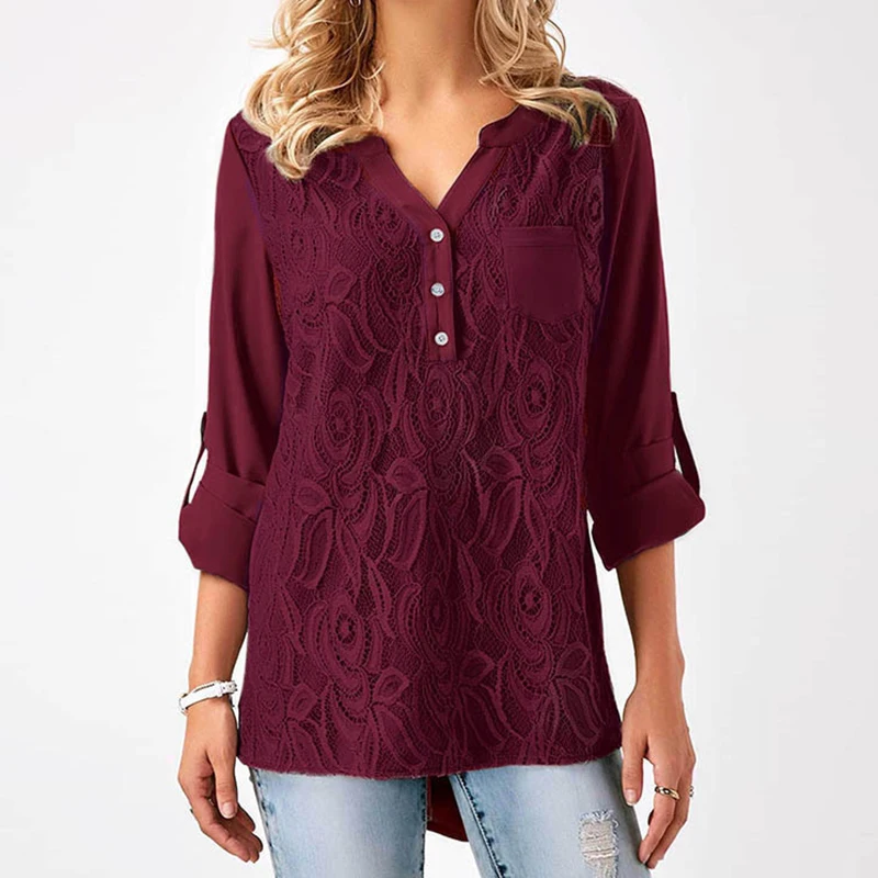 Женская кружевная блузка с длинным рукавом сращивания основной V образным