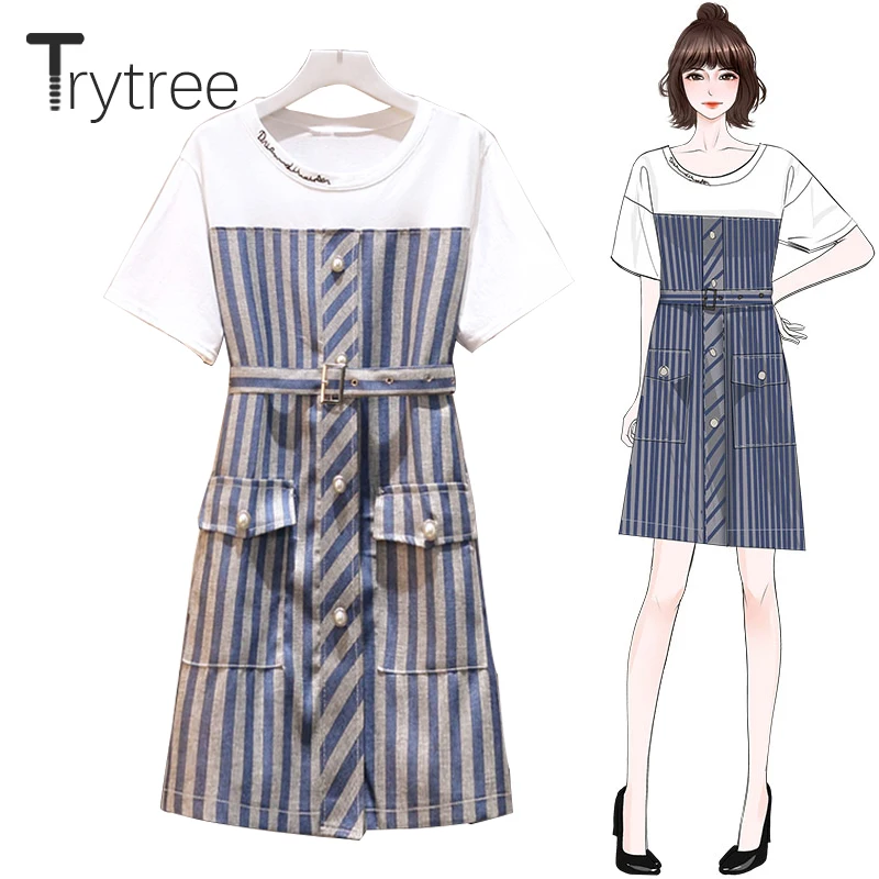 Trytree Summer Dress Women Casual O-Neck A-line Cotton tShirt Patchwork Striped Polyester Belt Pockets Office Lady dress | Женская