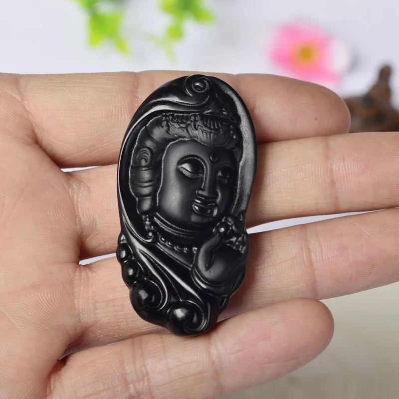 Красивая Ручная работа натуральный нефрит черный Обсидиан Резной Гуаньинь