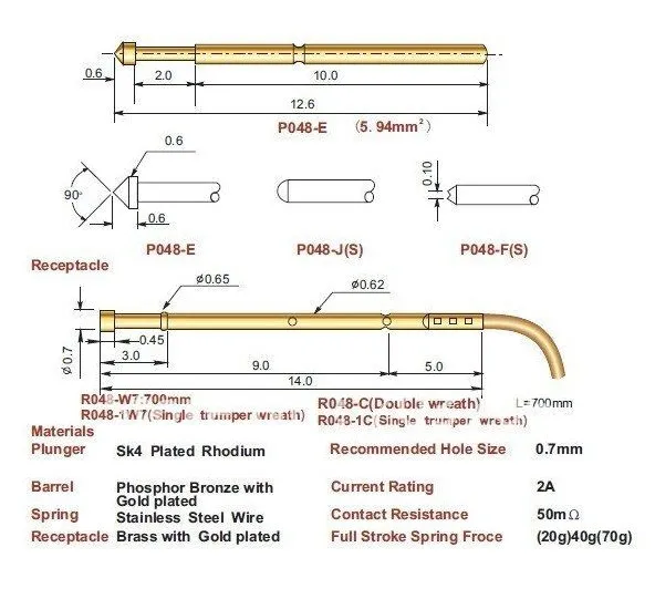 

FREE SHIPPING 100PCS/LOT P048-J 12.0MM TWO PART SPRING TEST PROBES