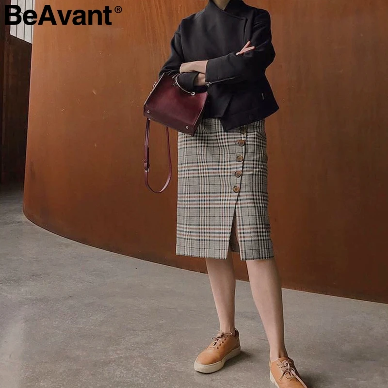 BeAvant элегантная облегающая клетчатая юбка женская с высокой талией СПЛИТ Летняя