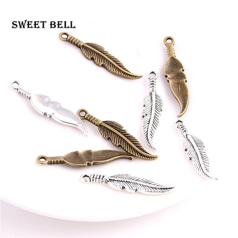 

SWEET BELL 50PCS 8*35mm Fashion Mini Feather Charms Vintage two color Metal Small Feather Charms Feather Pendants 2D243