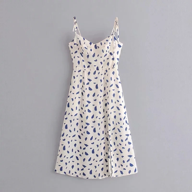 Белый Sexy sleeveless vintage leopard print white midi dress women Summer cami backless Split party dress Korean clothes vestidos - Цвет: Белый