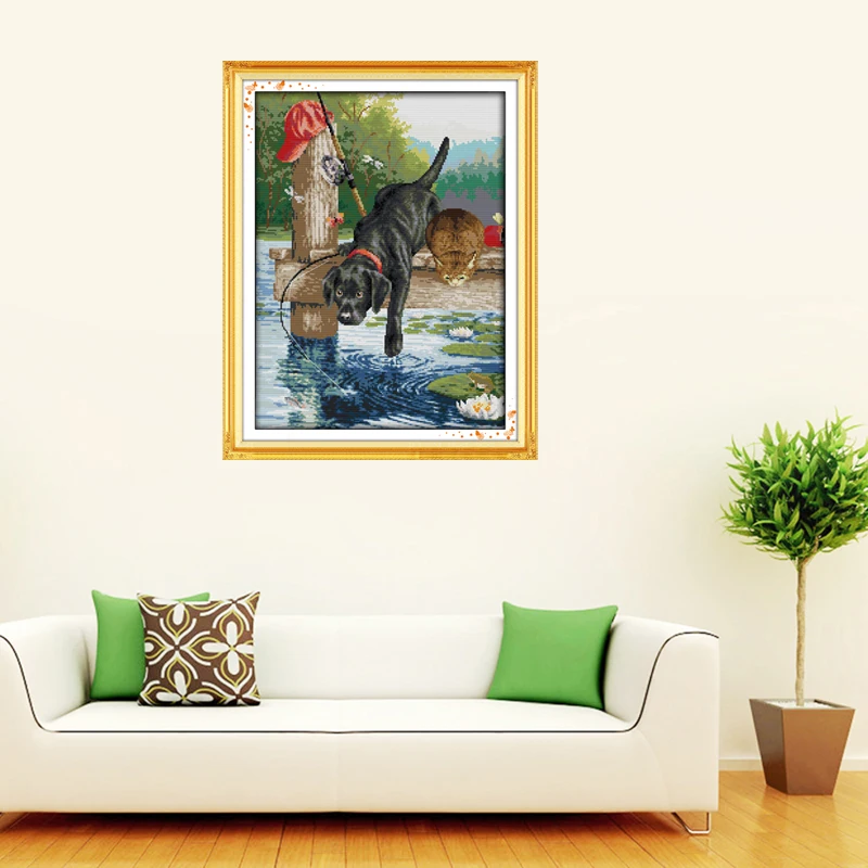 Joy Sunday A dog fishing Canvas DMC 11ct 14ct Счетный Китайский Набор для вышивки крестиком, Набор для вышивки, изделия с вышивкой для домашнего декора