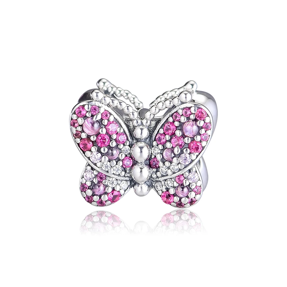 

Authentic 925 Sterling Silver Dazzling Pink Butterfly Charm Beads for Women Fits Pandora Bracelet DIY Jewelry Making Party Gift
