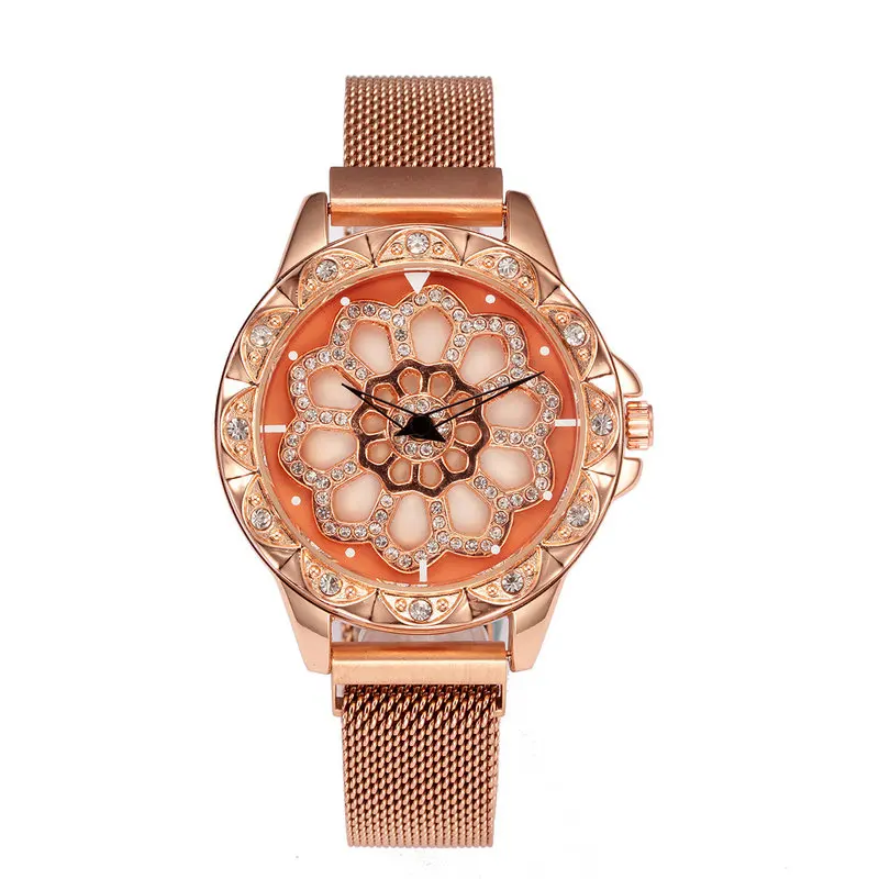 Rose Gold Модные креативные женские часы с вращающимся цветком и сетчатым ремешком, кварцевые женские часы с магнитной застежкой, 100 шт./лот - Цвет: Rose Gold